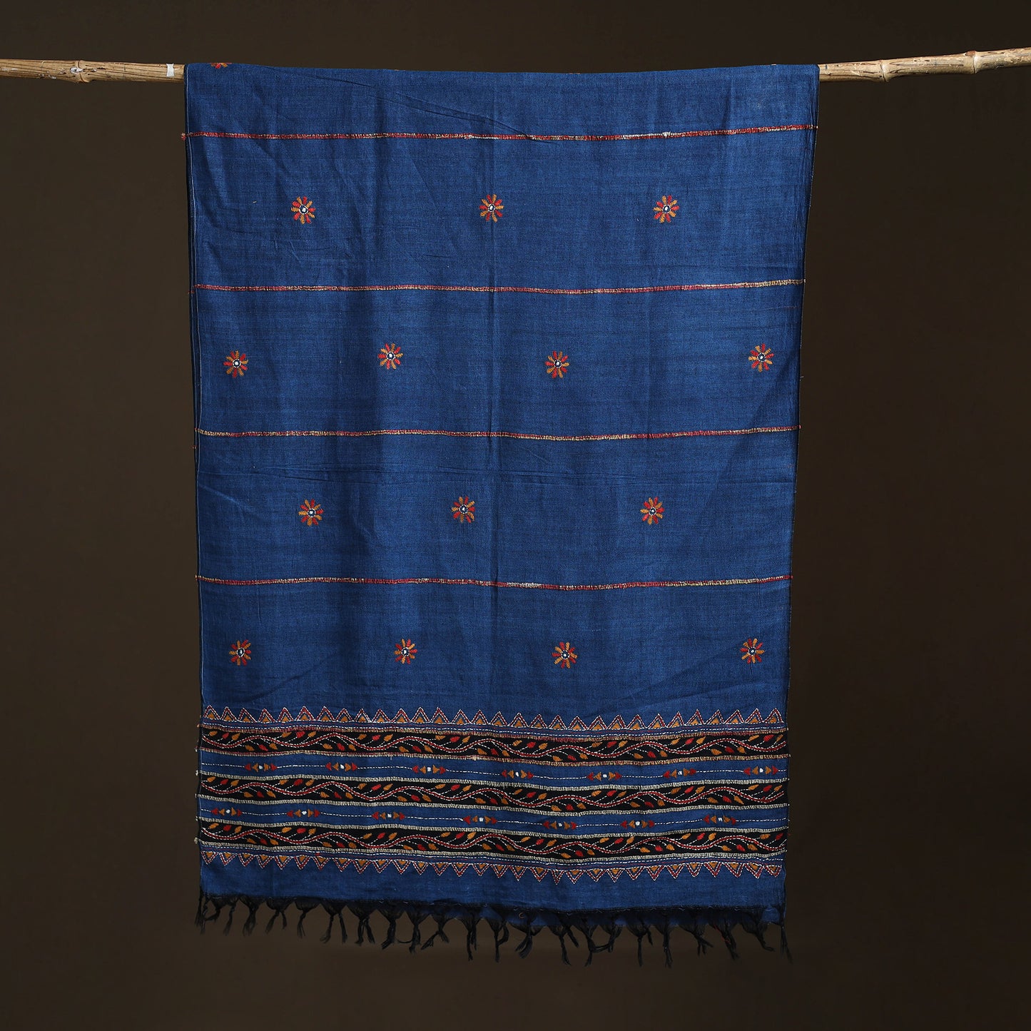 Blue - Kantha Hand Embroidered Khes Handwoven Cotton Dupatta 31
