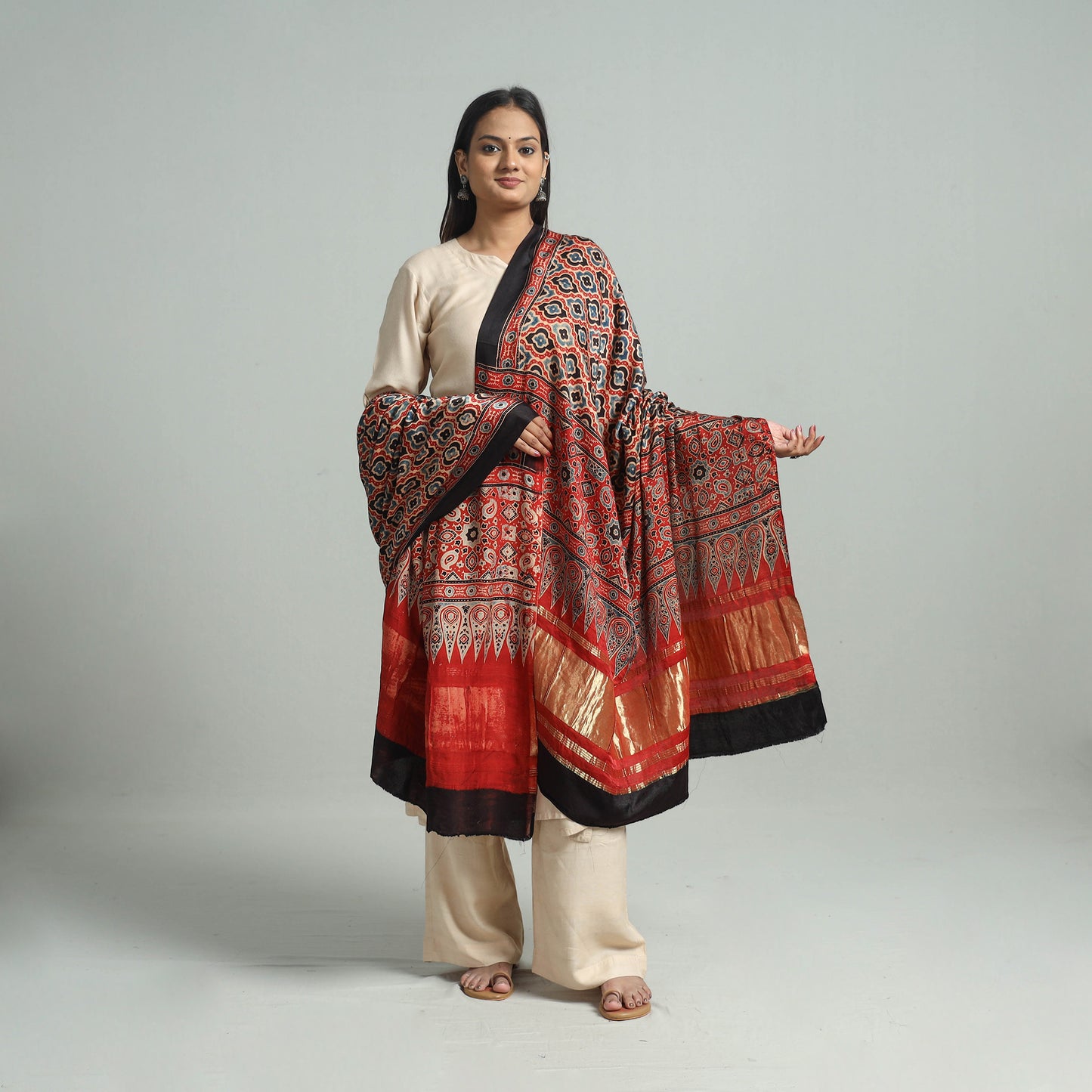 Red - Ajrakh Modal Silk Dupatta with Zari Border 47