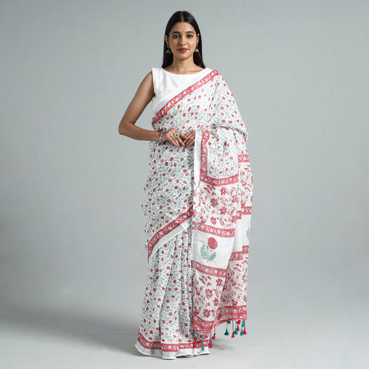 Red - Sanganeri Block Printed Linen Handloom Saree