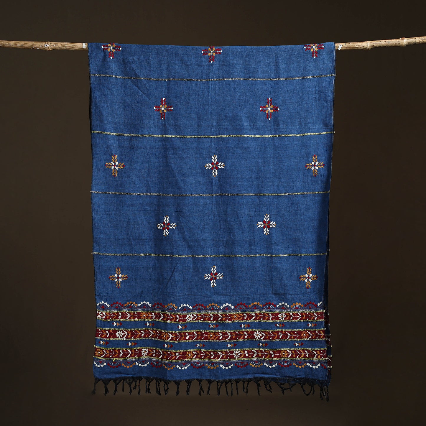 Blue - Kantha Hand Embroidered Khes Handwoven Cotton Dupatta 30
