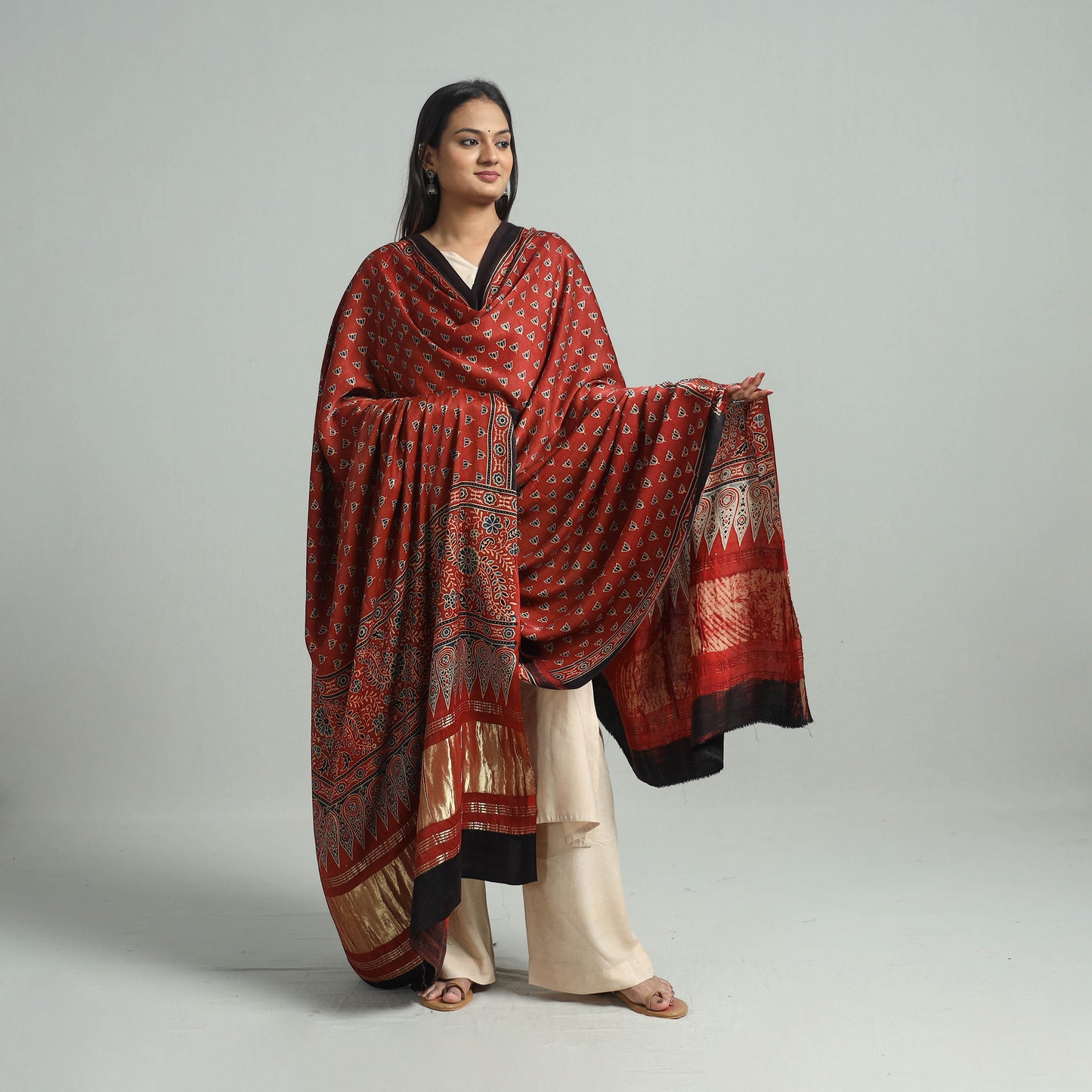 Red - Ajrakh Modal Silk Dupatta with Zari Border 48