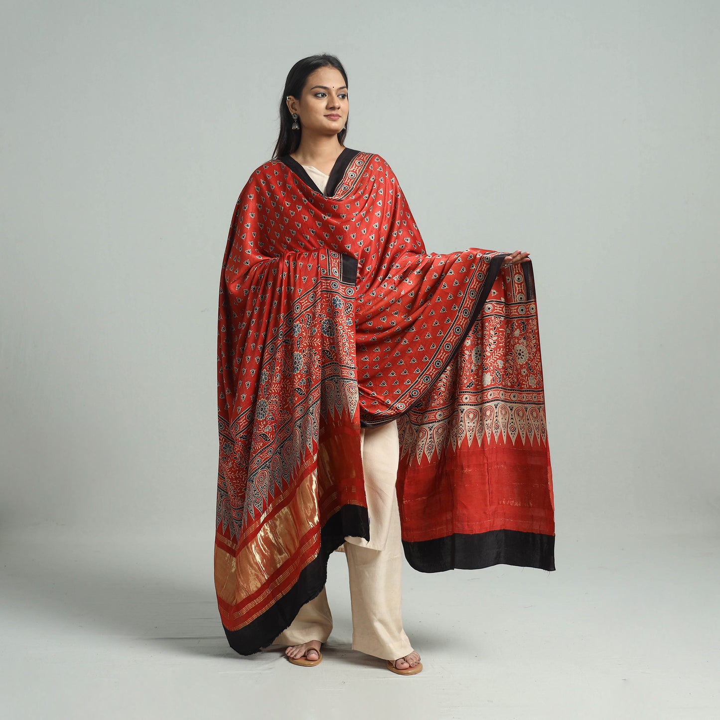 Red - Ajrakh Modal Silk Dupatta with Zari Border 49