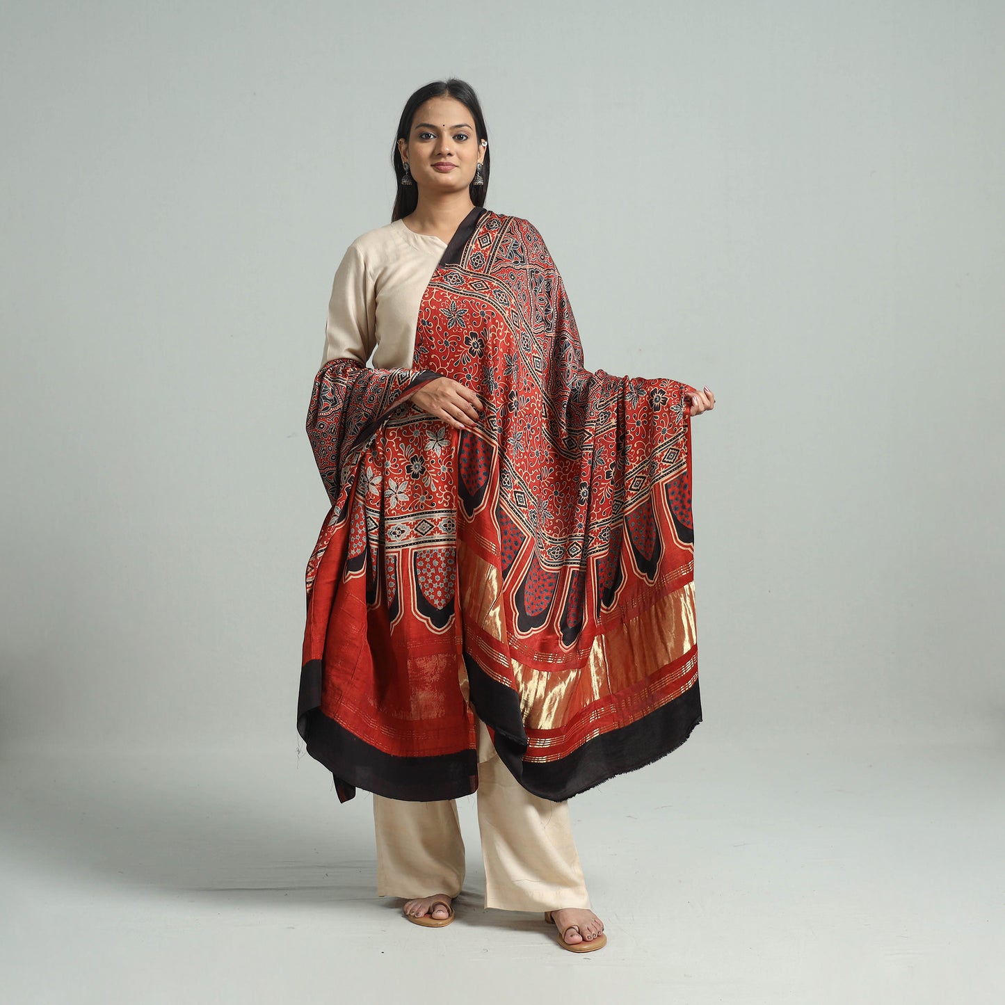 Red - Ajrakh Modal Silk Dupatta with Zari Border 50