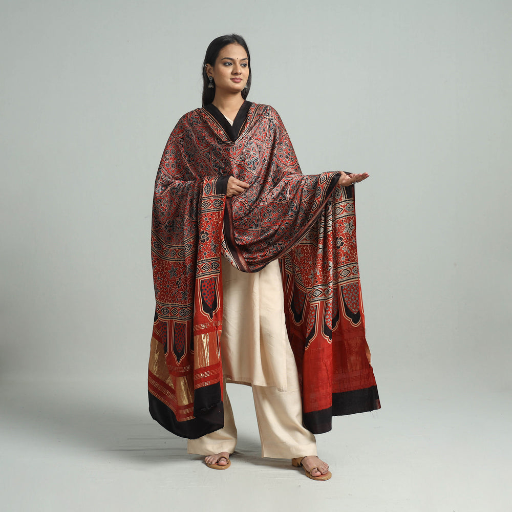 Red - Ajrakh Modal Silk Dupatta with Zari Border 50