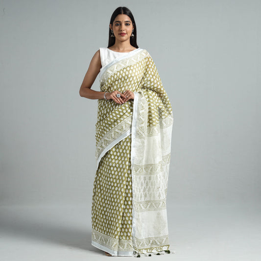 Green - Sanganeri Block Printed Linen Handloom Saree