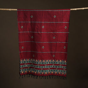 Maroon - Kantha Hand Embroidered Khes Handwoven Cotton Dupatta 20