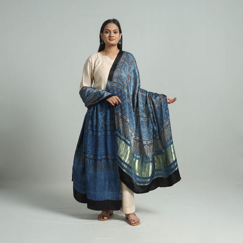 Blue - Ajrakh Modal Silk Dupatta with Zari Border 51