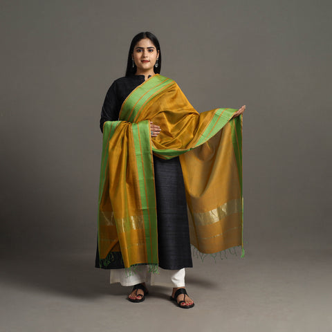 Dark Yellow - Handloom Silk Cotton Zari Border Maheshwari Dupatta 14