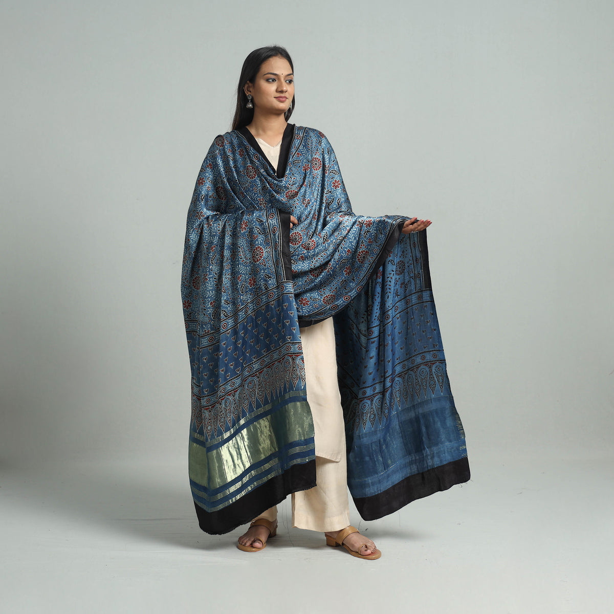 Blue - Ajrakh Modal Silk Dupatta with Zari Border 51