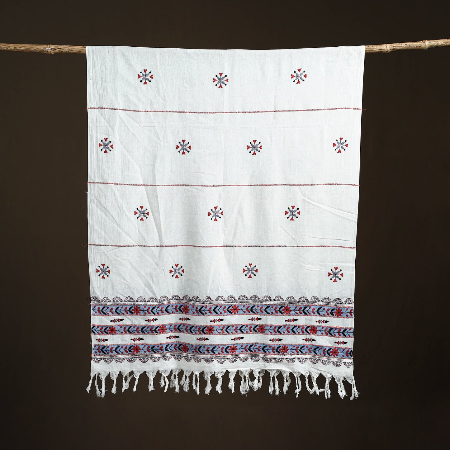 White - Kantha Hand Embroidered Khes Handwoven Cotton Dupatta 17