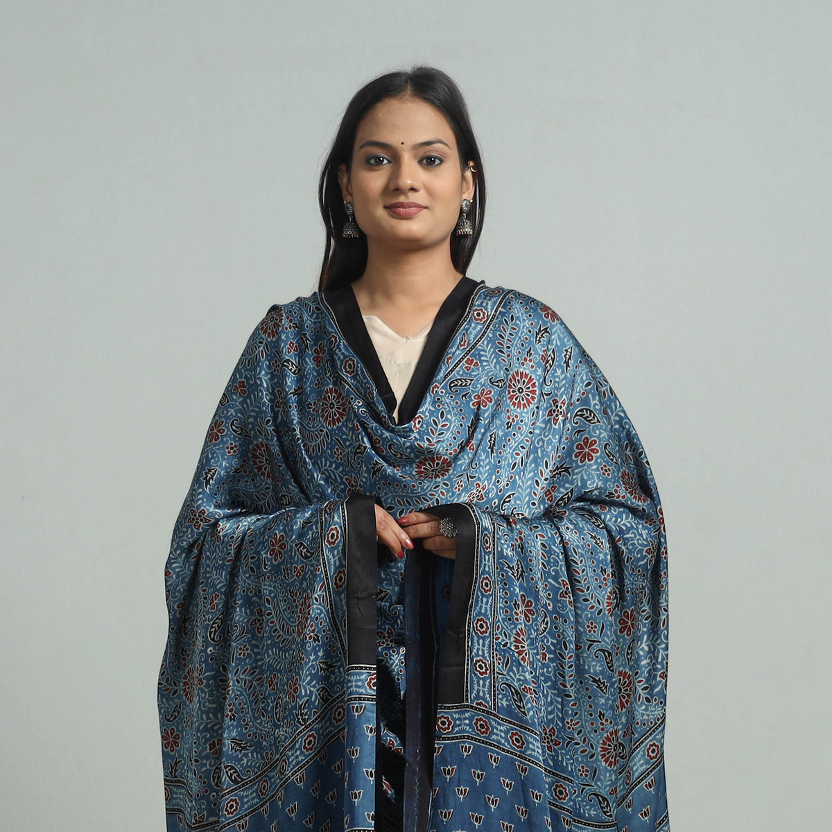 Blue - Ajrakh Modal Silk Dupatta with Zari Border 51