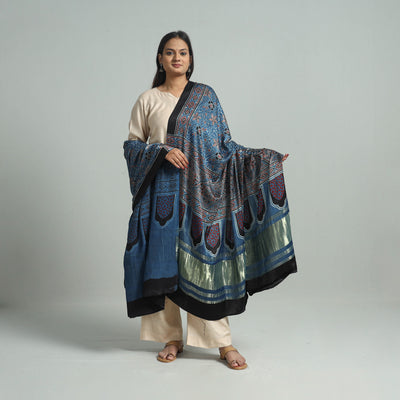 Blue - Ajrakh Modal Silk Dupatta with Zari Border 52