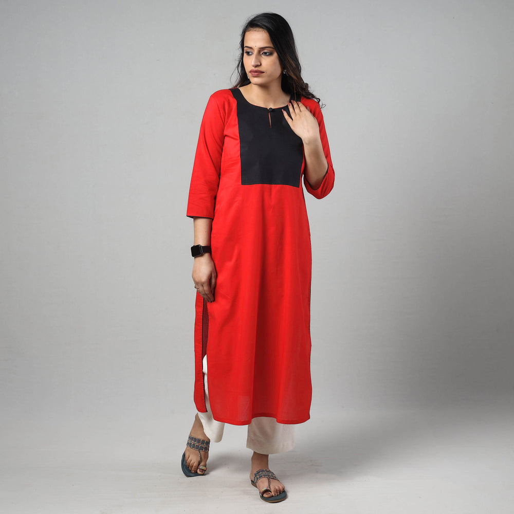 Red - Plain Cotton Long Straight Kurta