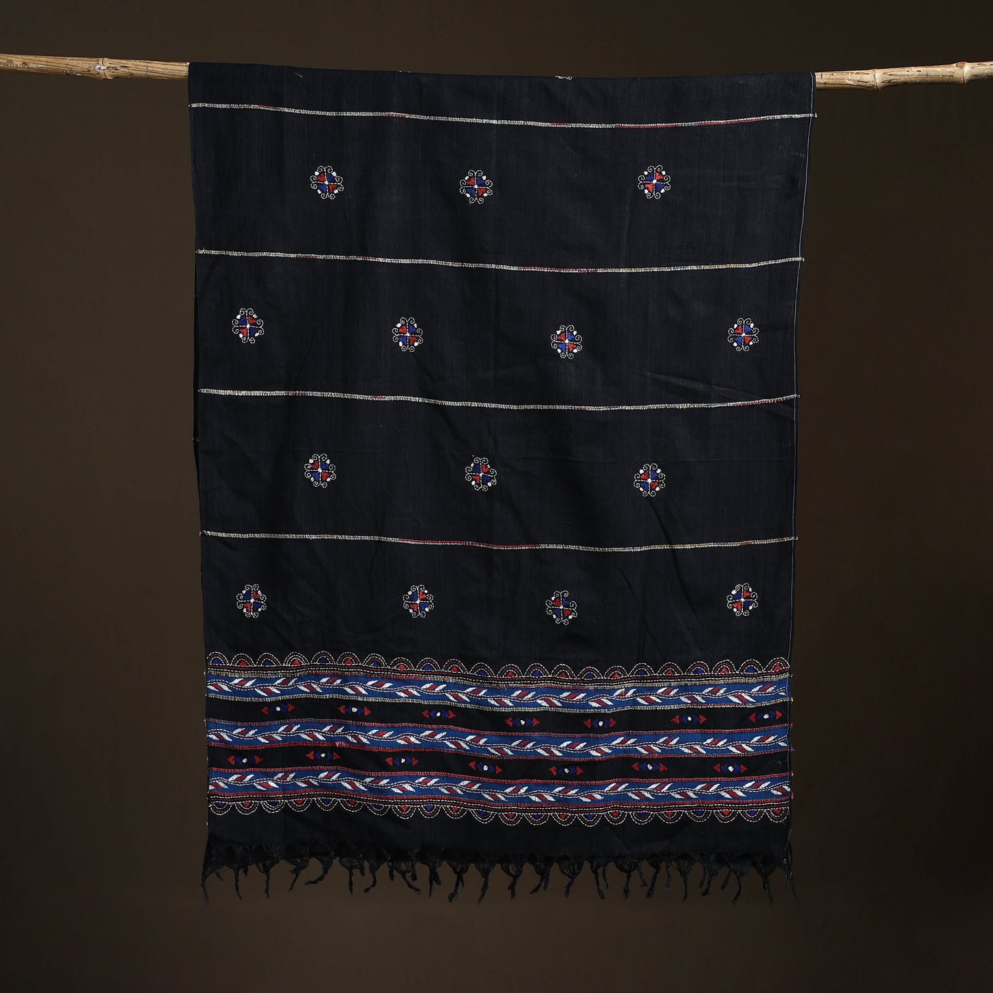 Black - Kantha Hand Embroidered Khes Handwoven Cotton Dupatta 16