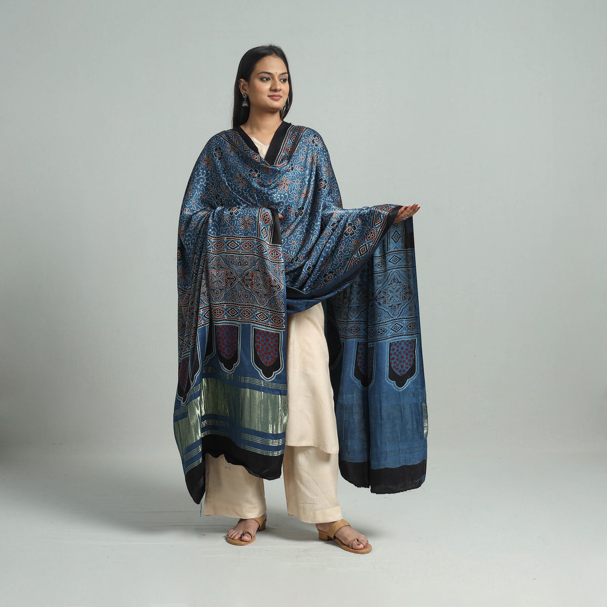 Blue - Ajrakh Modal Silk Dupatta with Zari Border 52