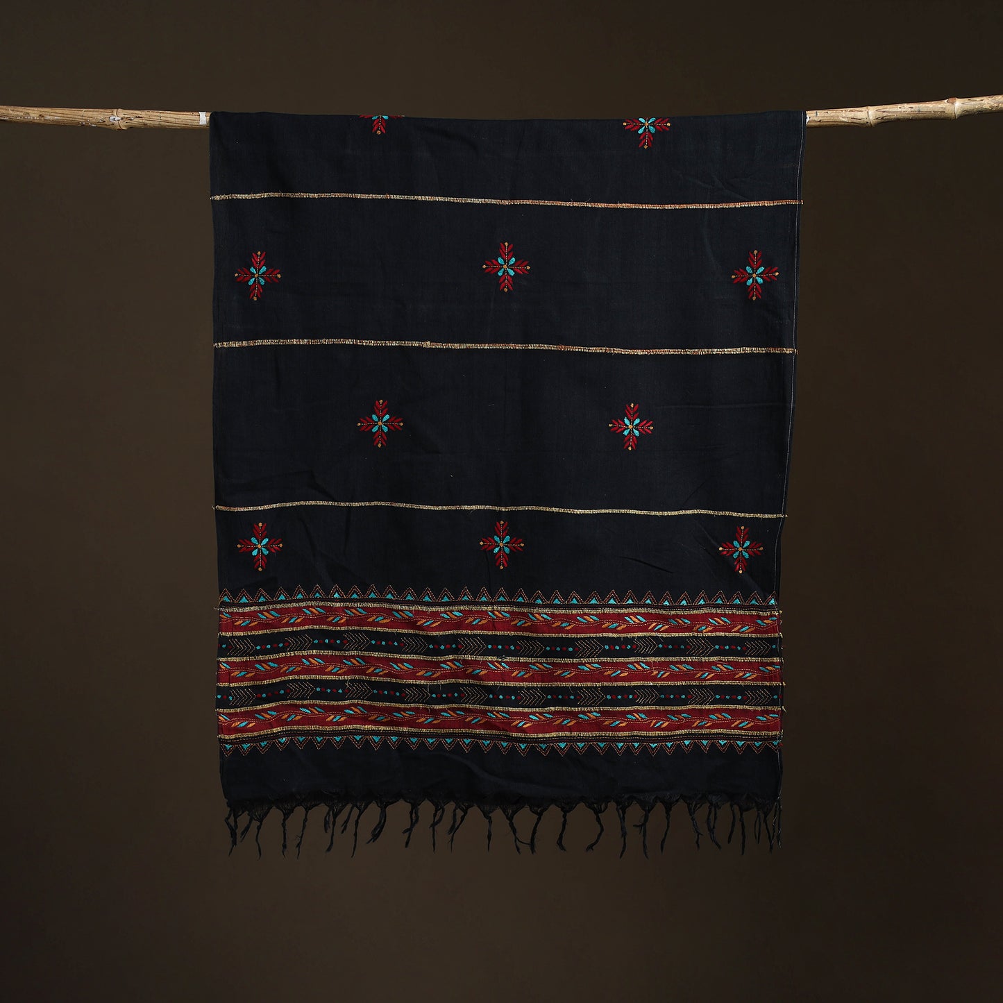 Black - Kantha Hand Embroidered Khes Handwoven Cotton Dupatta 15