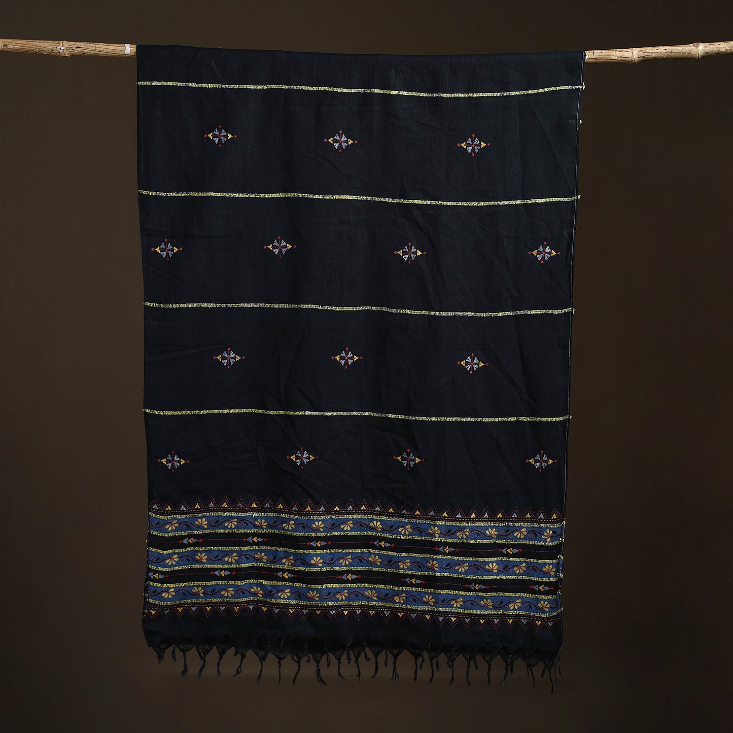 Black - Kantha Hand Embroidered Khes Handwoven Cotton Dupatta 14