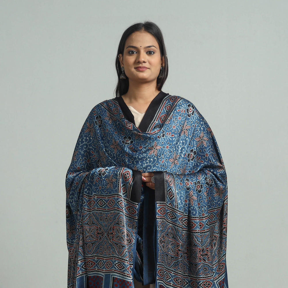 Blue - Ajrakh Modal Silk Dupatta with Zari Border 52