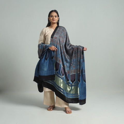 Blue - Ajrakh Modal Silk Dupatta with Zari Border 53