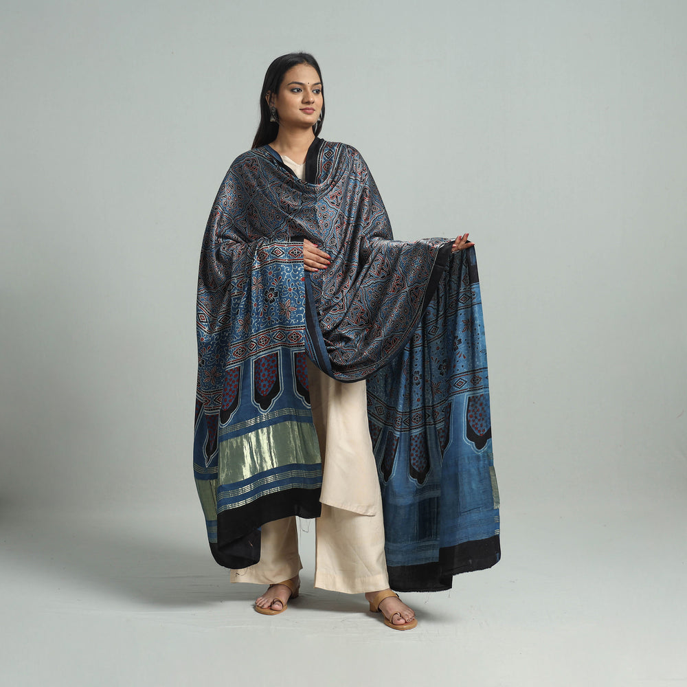 Blue - Ajrakh Modal Silk Dupatta with Zari Border 53