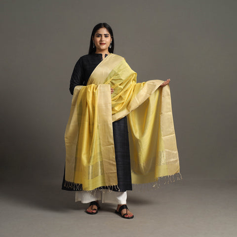 Yellow - Handloom Silk Cotton Zari Border Maheshwari Dupatta 16