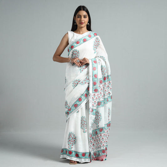 White - Sanganeri Block Printed Linen Handloom Saree