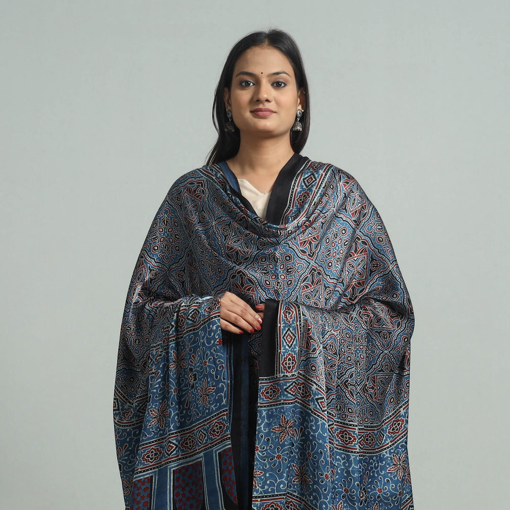 Blue - Ajrakh Modal Silk Dupatta with Zari Border 53