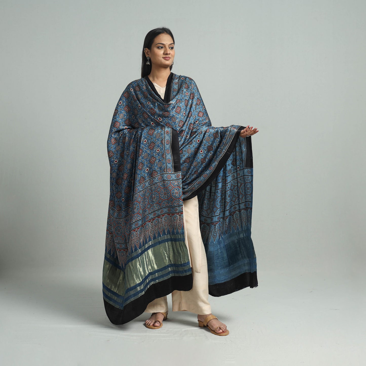 Blue - Ajrakh Modal Silk Dupatta with Zari Border 54