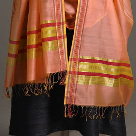 Peach Handloom Silk Cotton Zari Border Maheshwari Dupatta
