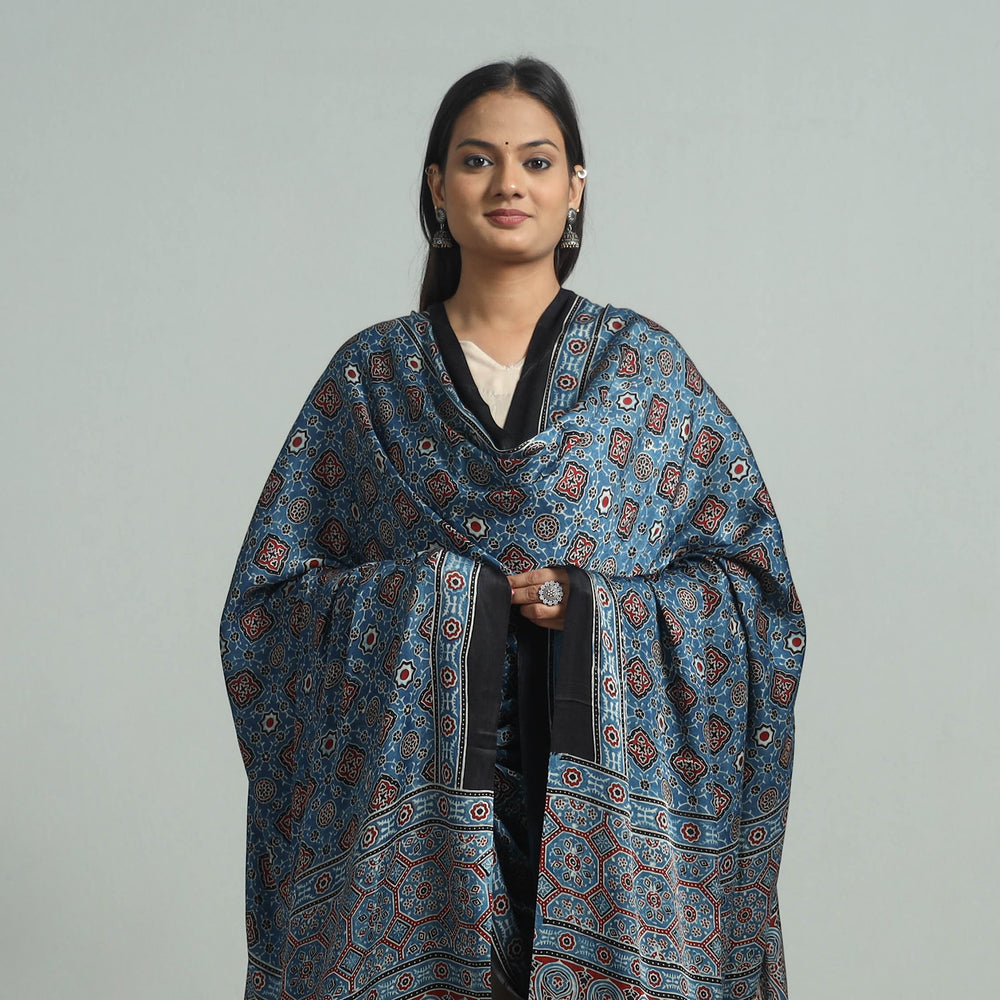 Blue - Ajrakh Modal Silk Dupatta with Zari Border 54