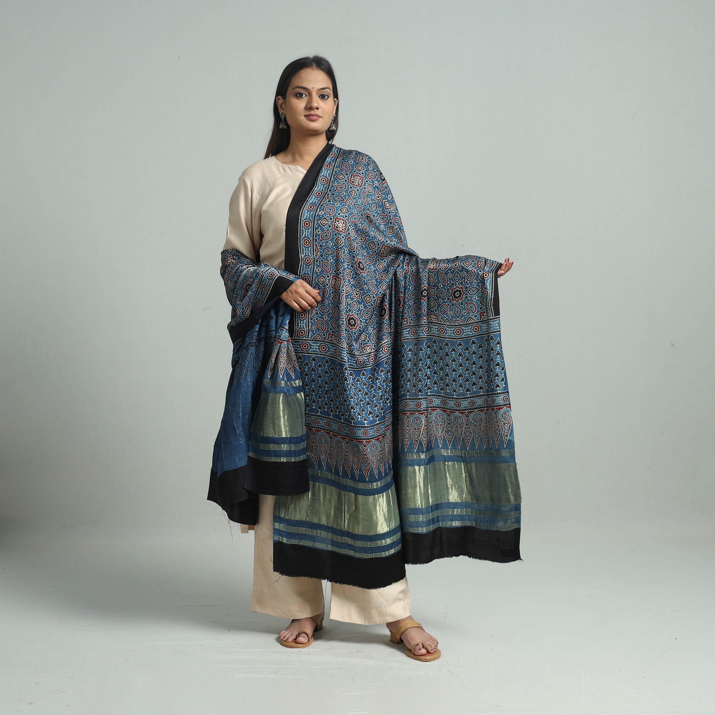 Blue - Ajrakh Modal Silk Dupatta with Zari Border 55