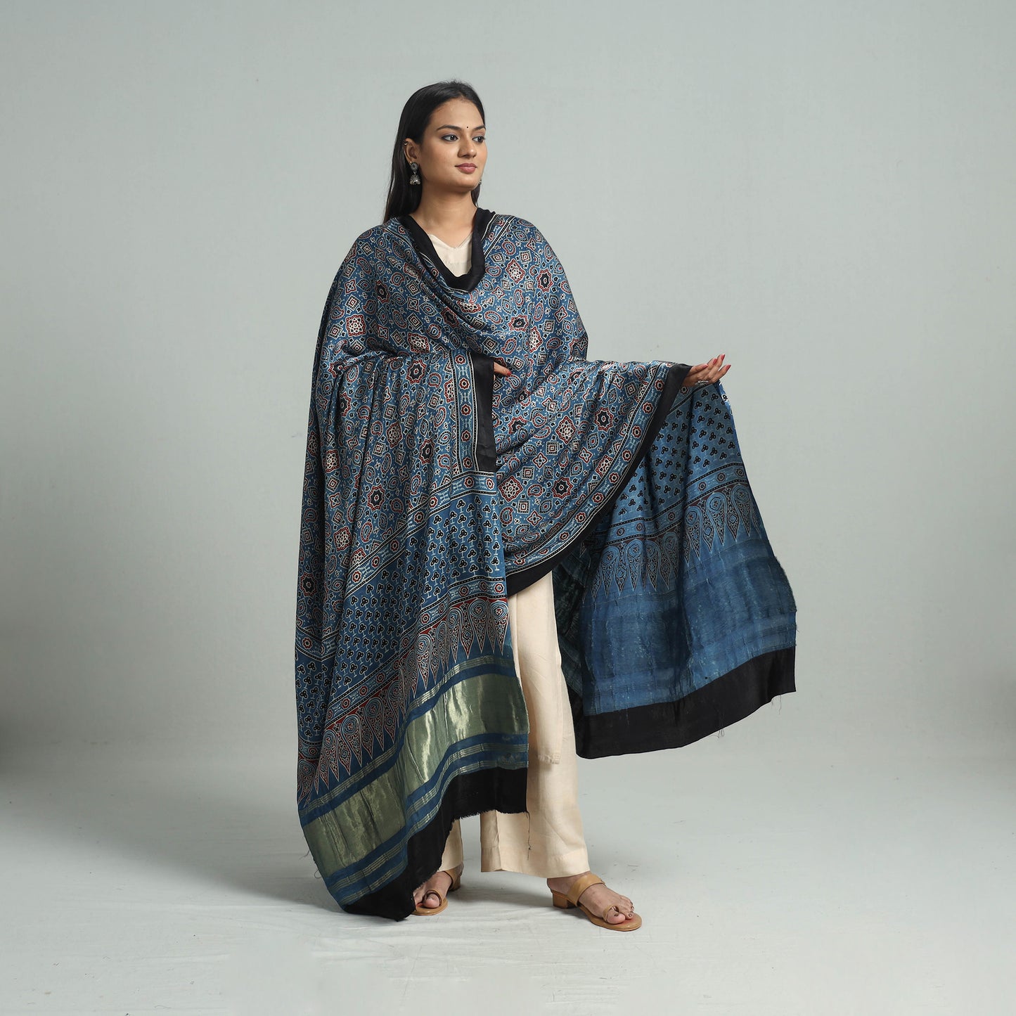 Blue - Ajrakh Modal Silk Dupatta with Zari Border 55