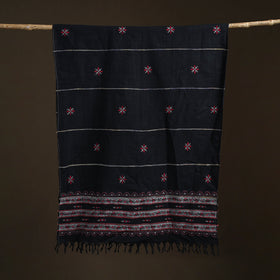 Black - Kantha Hand Embroidered Khes Handwoven Cotton Dupatta 07