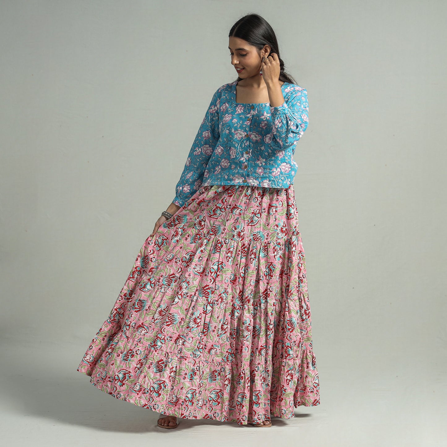 Peach - Sanganeri Block Printed Tiered Cotton Long Skirt