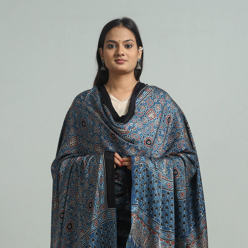 Blue - Ajrakh Modal Silk Dupatta with Zari Border 55