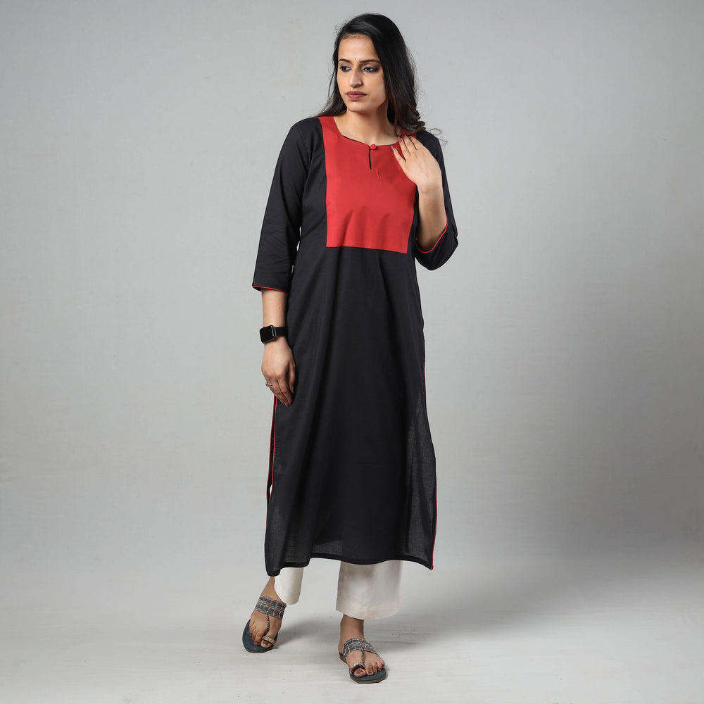 Black - Plain Cotton Long Straight Kurta 08