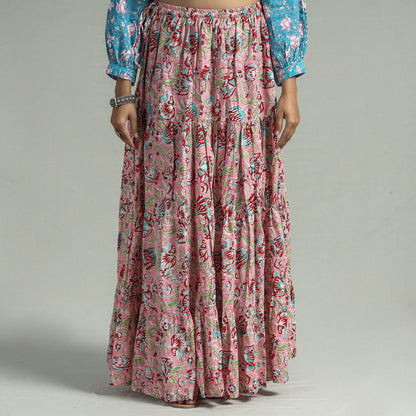 Peach - Sanganeri Block Printed Tiered Cotton Long Skirt