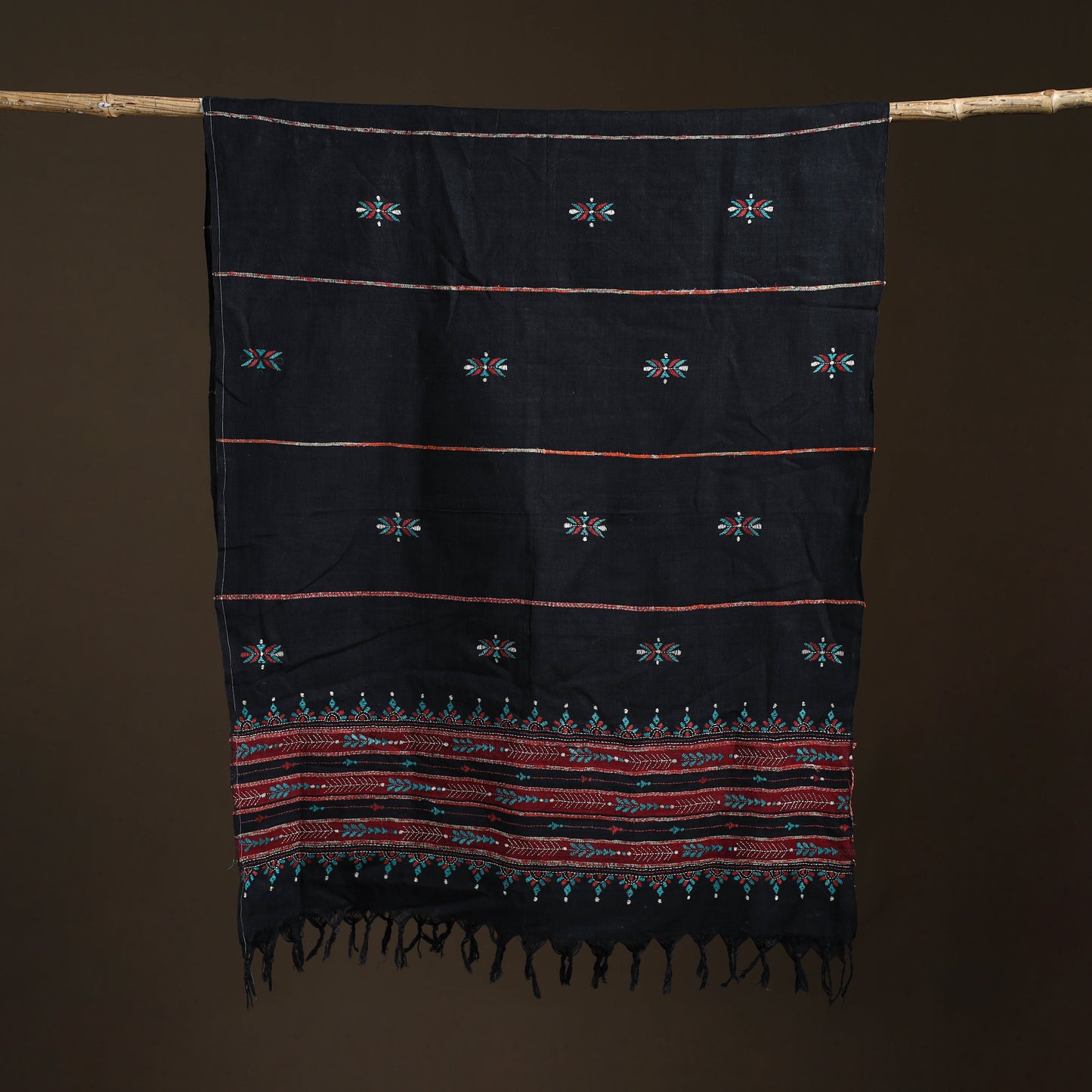 Black - Kantha Hand Embroidered Khes Handwoven Cotton Dupatta 06