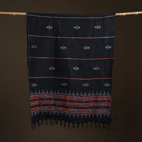 Black - Kantha Hand Embroidered Khes Handwoven Cotton Dupatta 06