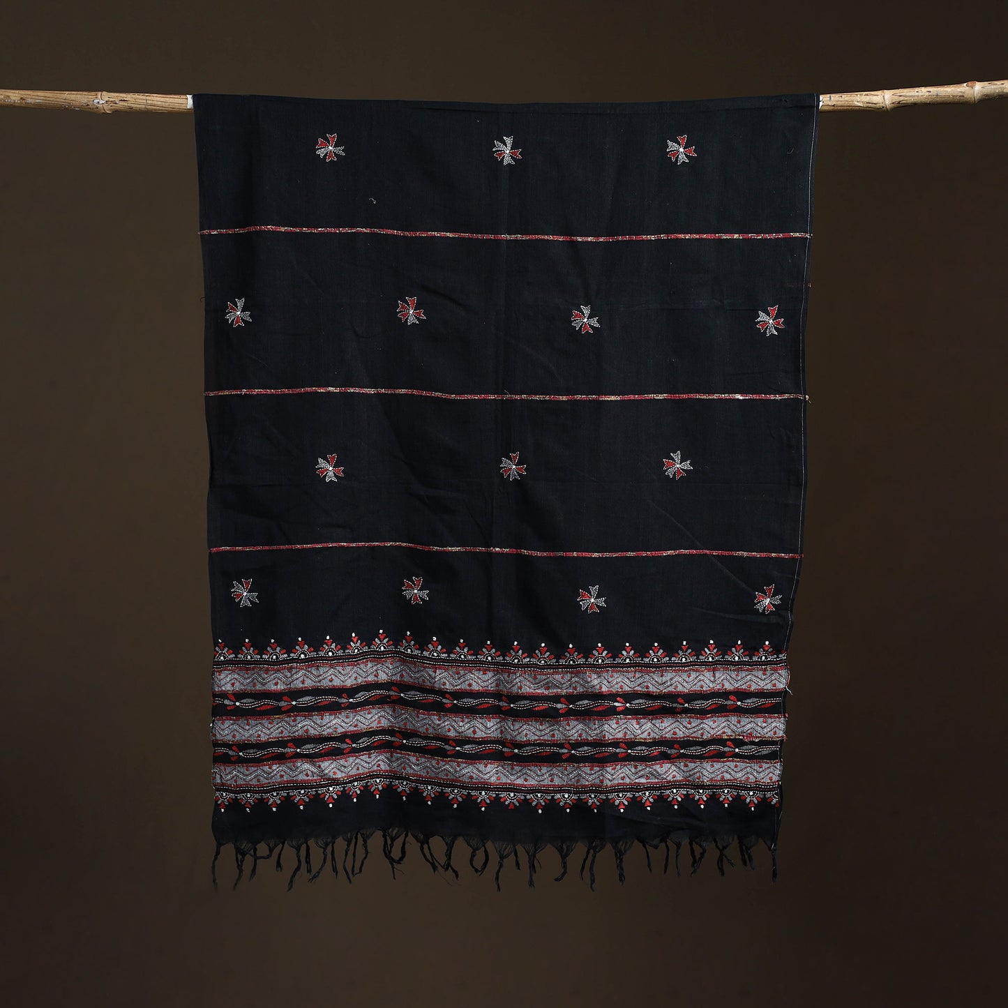 Black - Kantha Hand Embroidered Khes Handwoven Cotton Dupatta 05