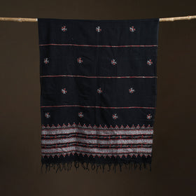 Black - Kantha Hand Embroidered Khes Handwoven Cotton Dupatta 05
