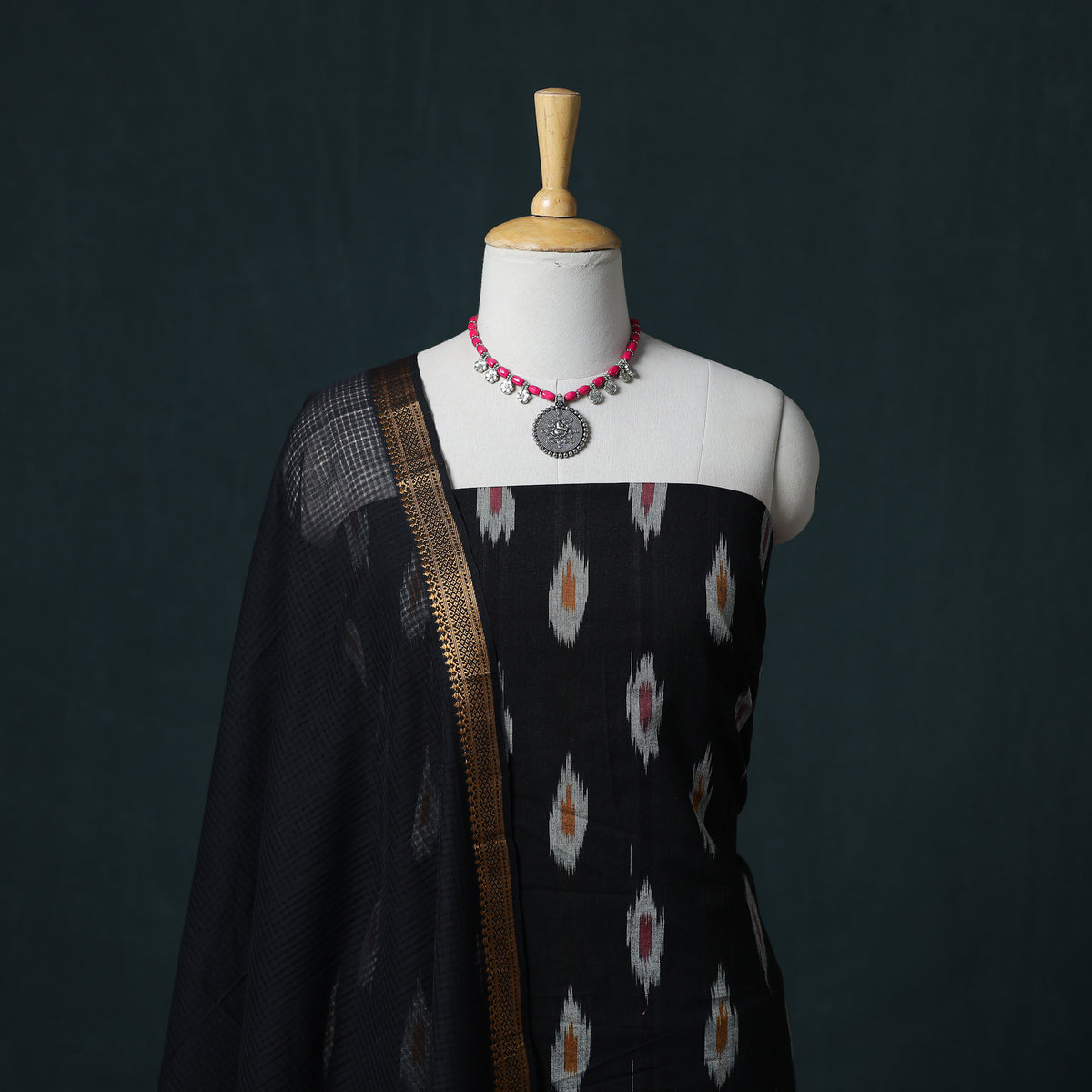 Pochampally Ikat Cotton Unstitched Dress Material: Kurta & Dupatta 16