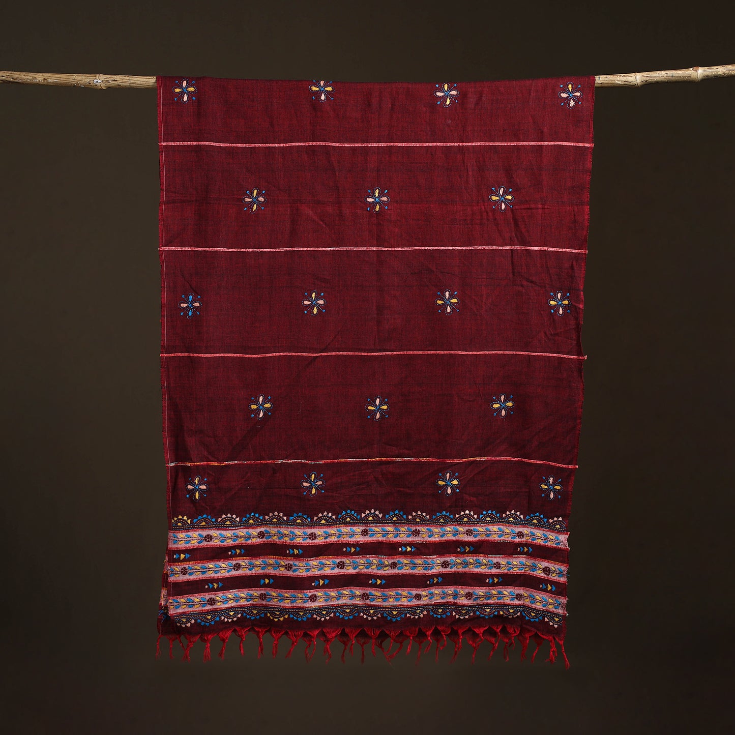 Maroon - Kantha Hand Embroidered Khes Handwoven Cotton Dupatta 04
