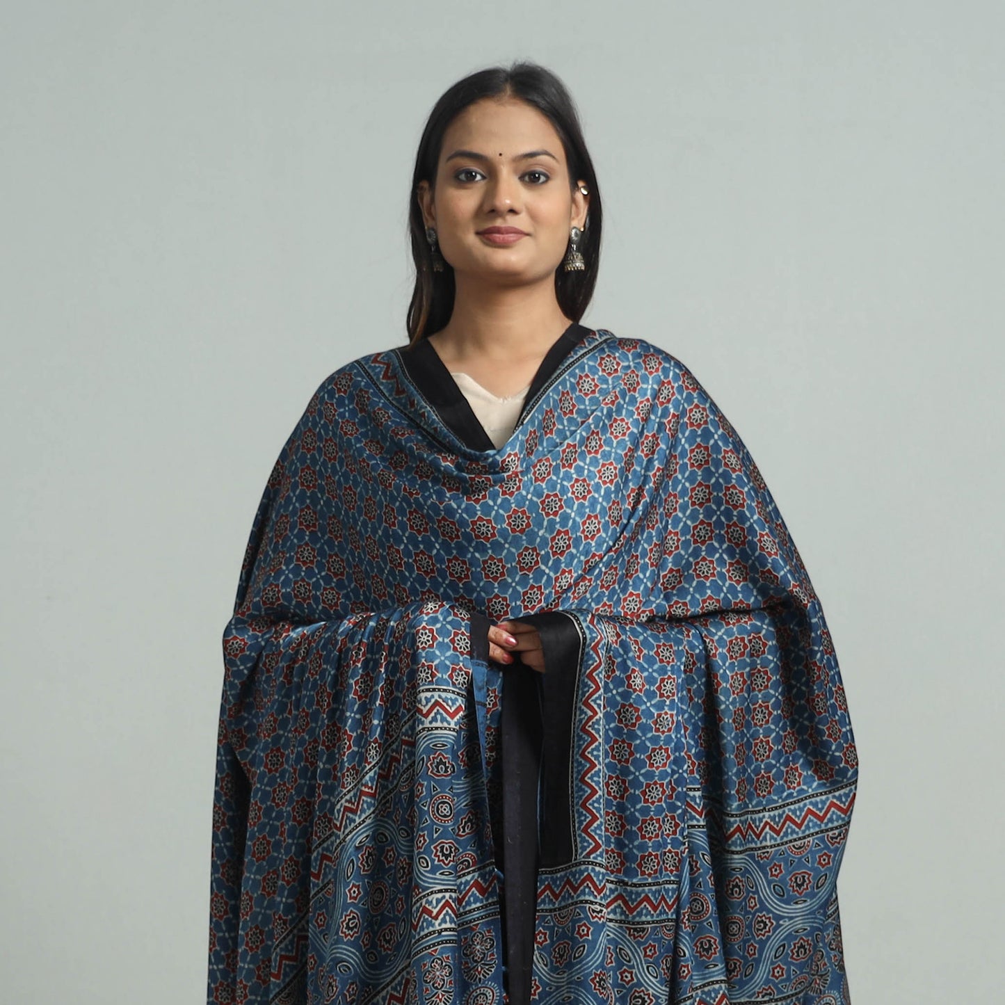 Blue - Ajrakh Modal Silk Dupatta with Zari Border 56