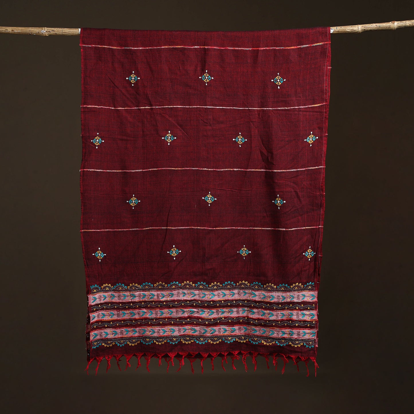 Maroon - Kantha Hand Embroidered Khes Handwoven Cotton Dupatta 03