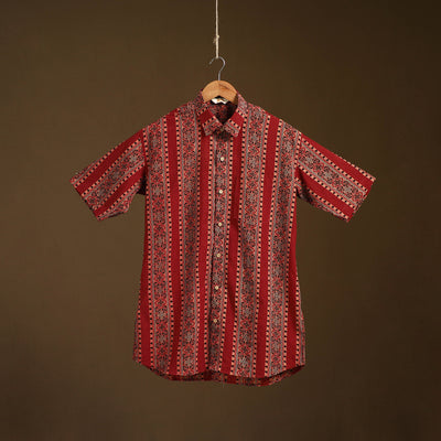 Natural Dyed Hand Block Print Cotton Men Half Sleeve Ajrakh Shirt 11