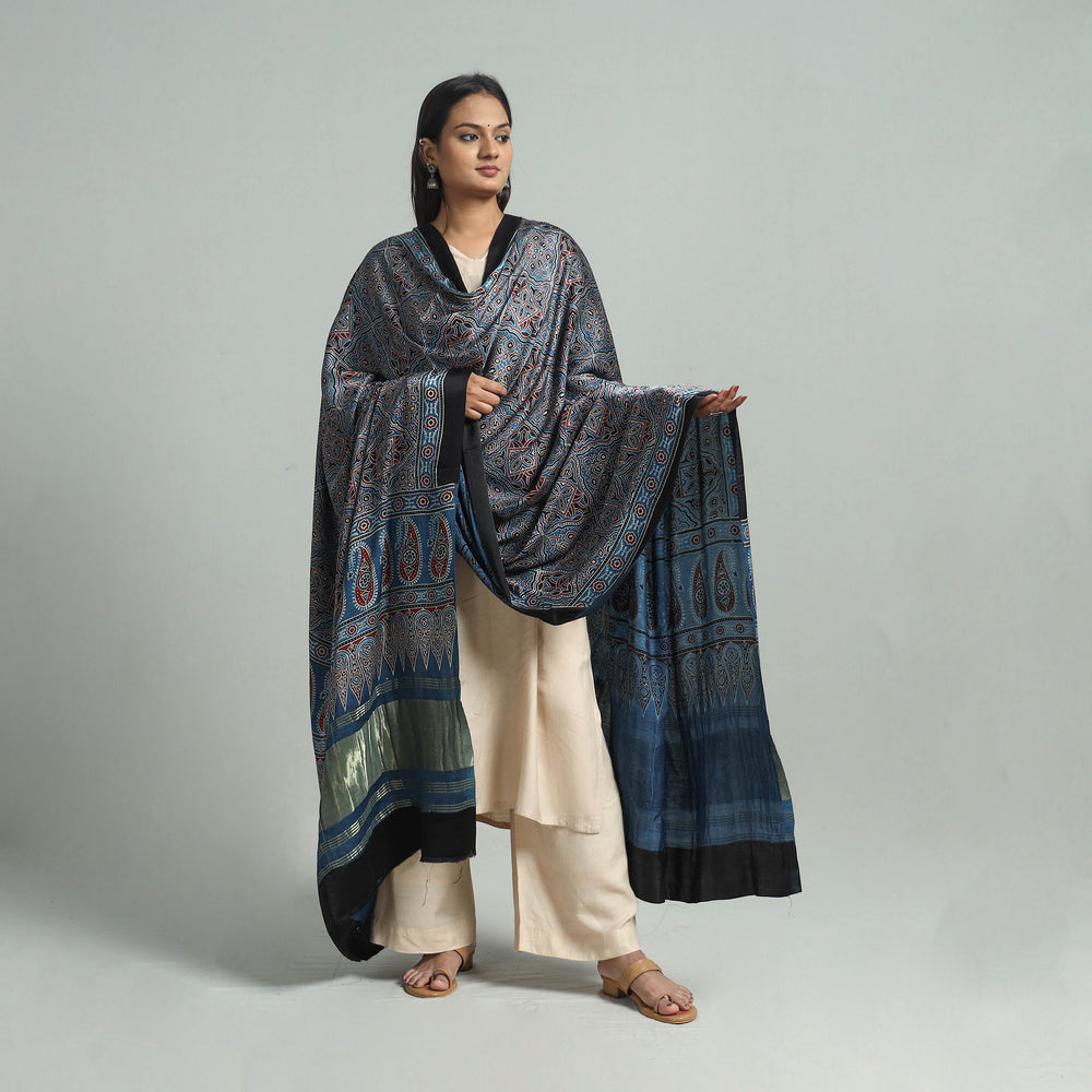 Blue - Ajrakh Modal Silk Dupatta with Zari Border 57