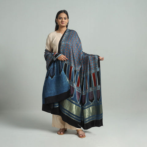 Blue - Ajrakh Modal Silk Dupatta with Zari Border 58