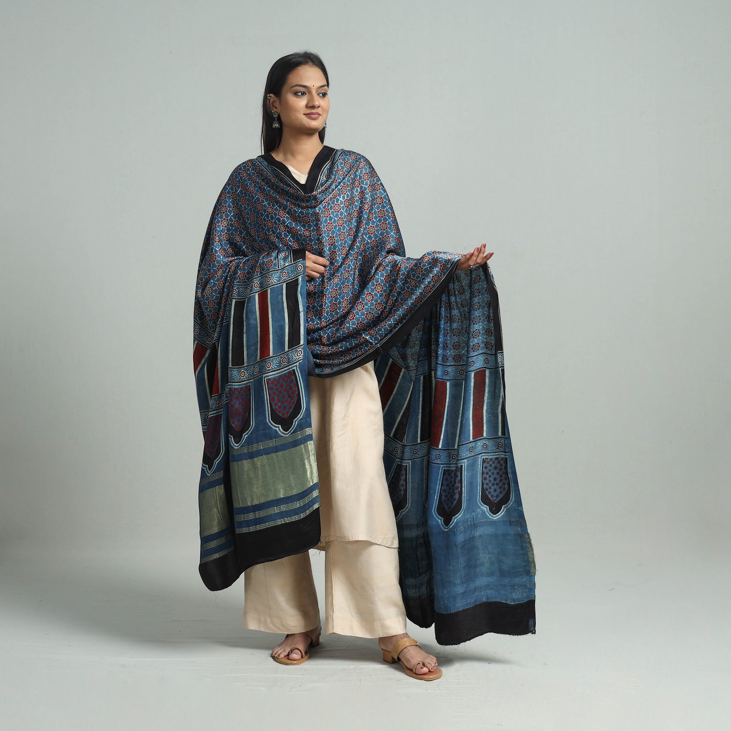 Blue - Ajrakh Modal Silk Dupatta with Zari Border 58