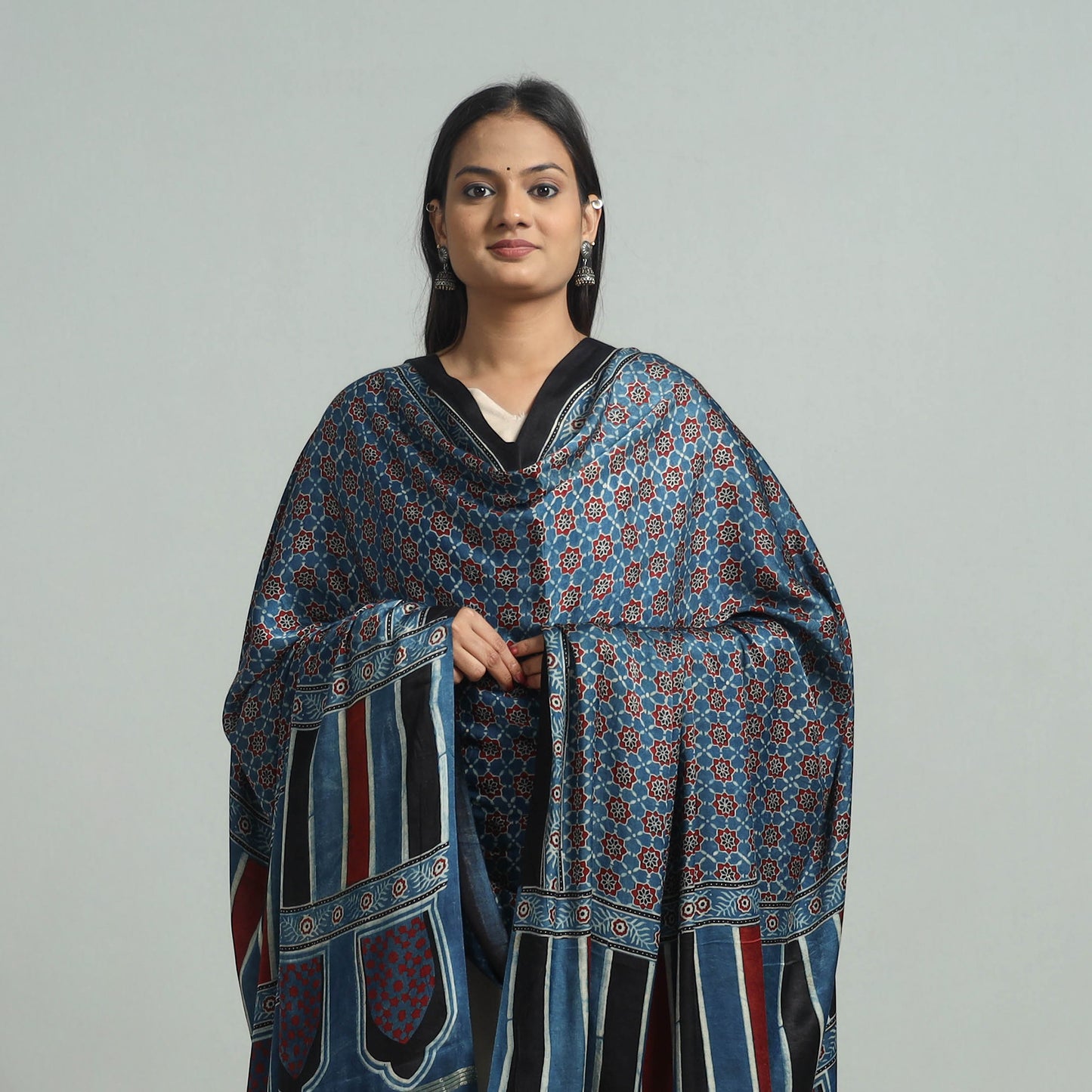 Blue - Ajrakh Modal Silk Dupatta with Zari Border 58